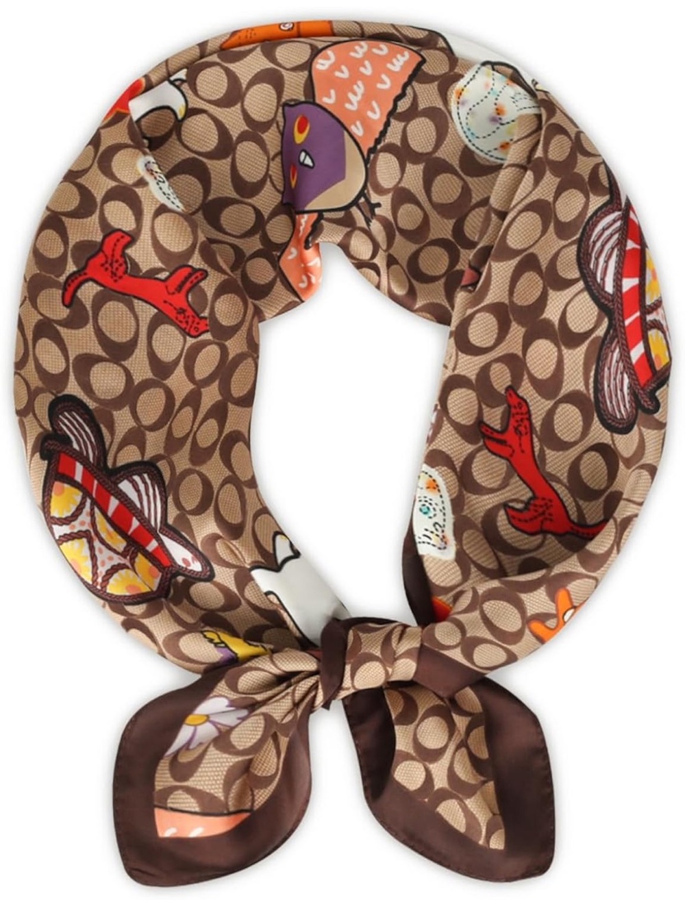Designer Brown Patterned Silk Scarf with Multicolor Accents nwt 27” x 27”